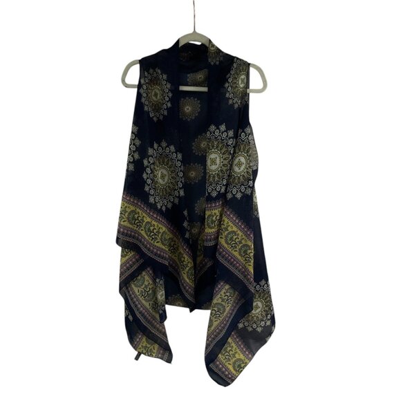 SAX Womens Sheer Vest Mandala Print Navy Blue Yellow Acrylic Open Front Bohemian - Picture 9 of 9